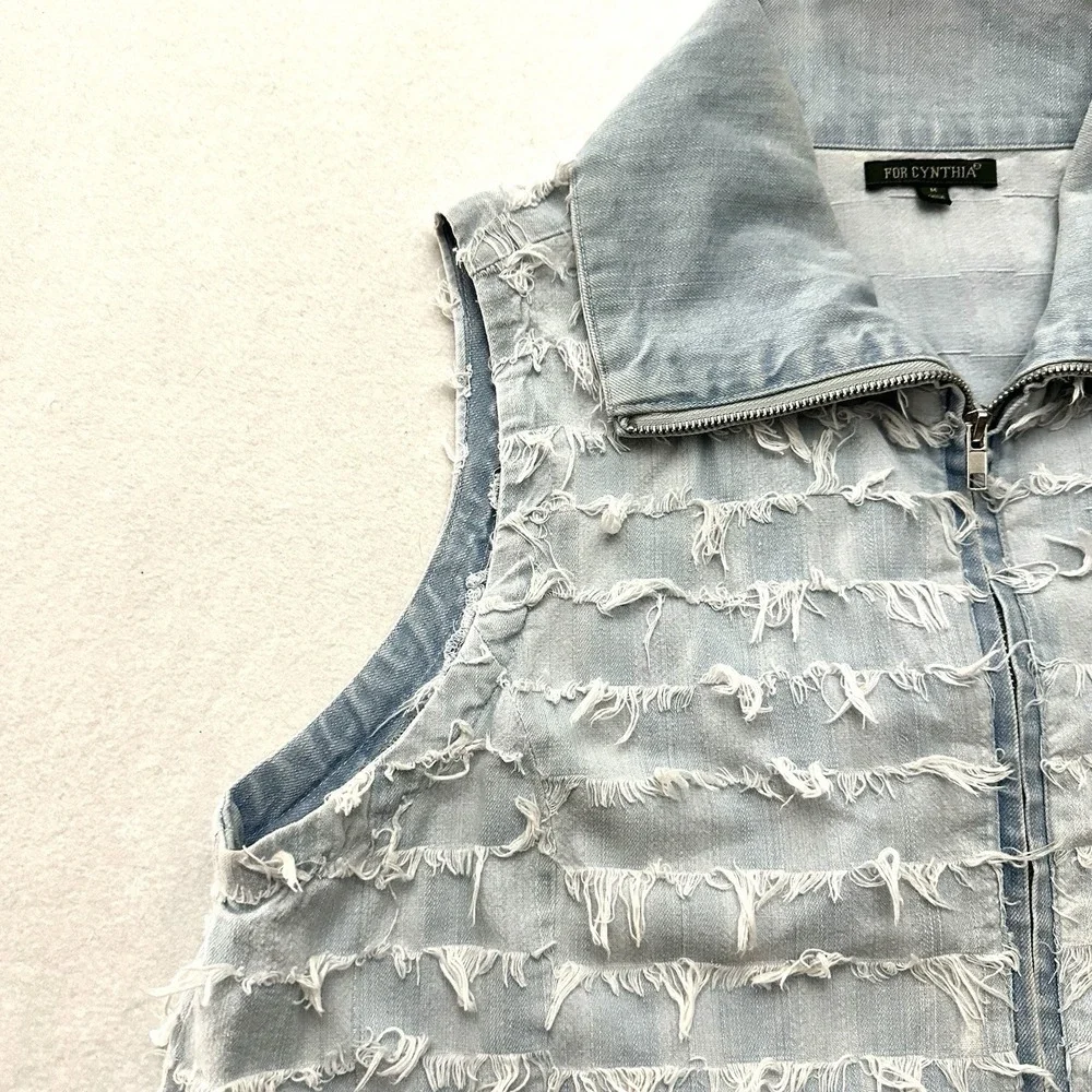 For Cynthia Medium M Denim Fringe Zip Front Vest Eyelash Shag Boho Western Funky